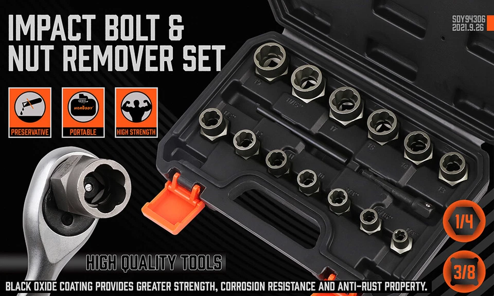 15PC Impact Bolt & Nut Remover Set Extractor Damaged Rusted Adapter Storage Case - Image 2 of 4