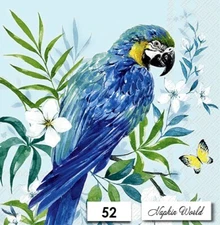 (52) TWO Paper LUNCHEON Decoupage Art Craft Napkins - PARROT TROPICAL BIRD BLUE