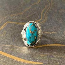 Blue Copper Turquoise Gemstone Ring,Floral Design Ring,925 Sterling Silver,Gift
