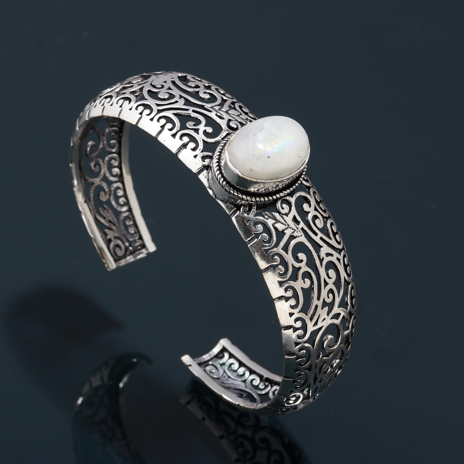 Bangle Rainbow Moonstone Gemstone Handmade 925 Sterling Silver Cuff Adjustable-image