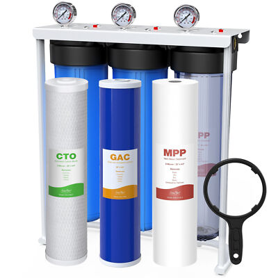 20x4.5'' Big Blue 3-Stage Sediment GAC CTO Carbon Whole House Water Filter System