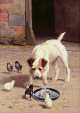 Tempting art Oil painting nice dog with chicks and porcelain plate in landscape