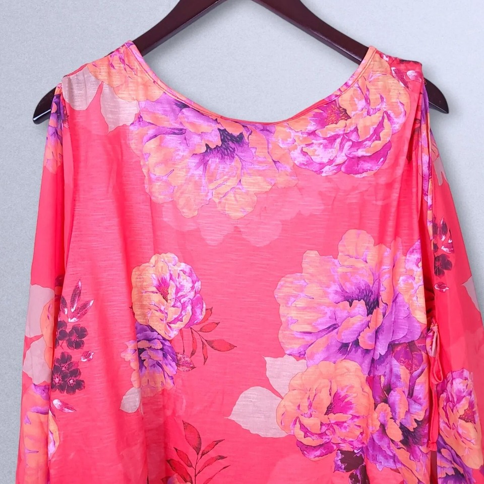 Catherines Top 2X Coral Purple Orange Floral Print Slit Sleeve eBay