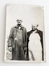 Antique Photo Old Farming Couple Man In Overalls Woman Wearing Apron In Field
