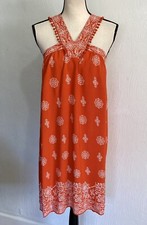 LOFT Women’s Orange Dress White Damask Print Pompom Accents Size Large