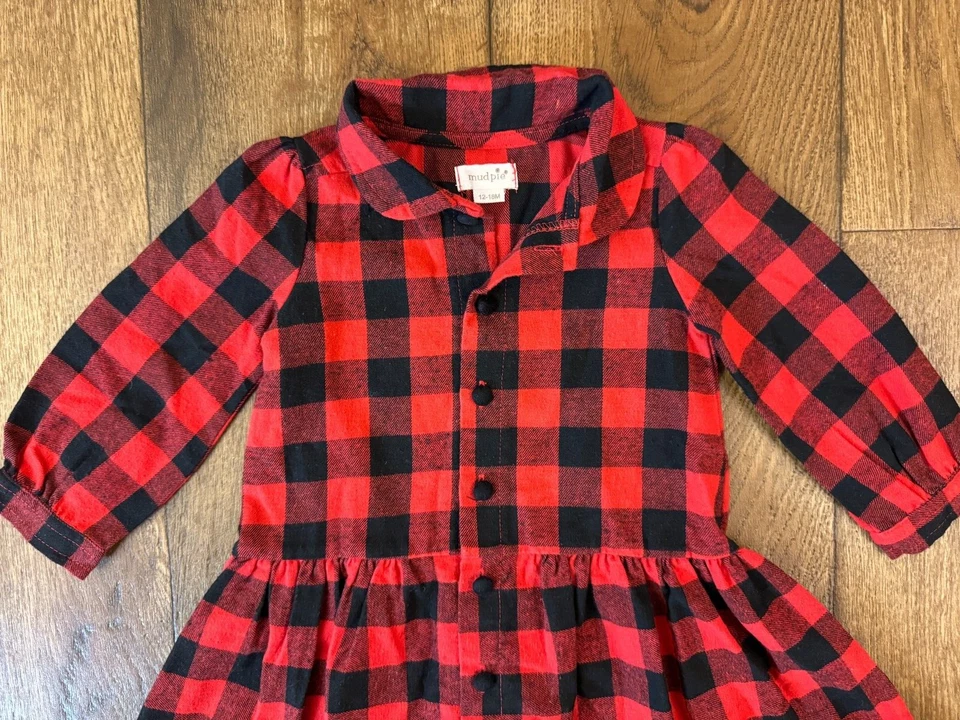 Vestido Mud Pie Niñas 12-18 Meses Rojo Negro Búfalo Cuadros Vacaciones Navidad L/S Foto 2 de 4