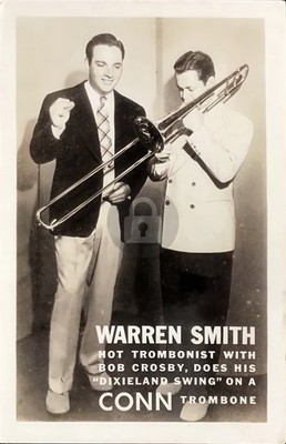 Warren Smith Jazz Trombonist & Singer Bob Crosby Conn Co. RPPC Postcard COPY