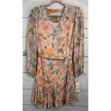 Taylor Womens Floral Chiffon Mini Dress Peach Blue Long Sleeve Size 12 4322MMX