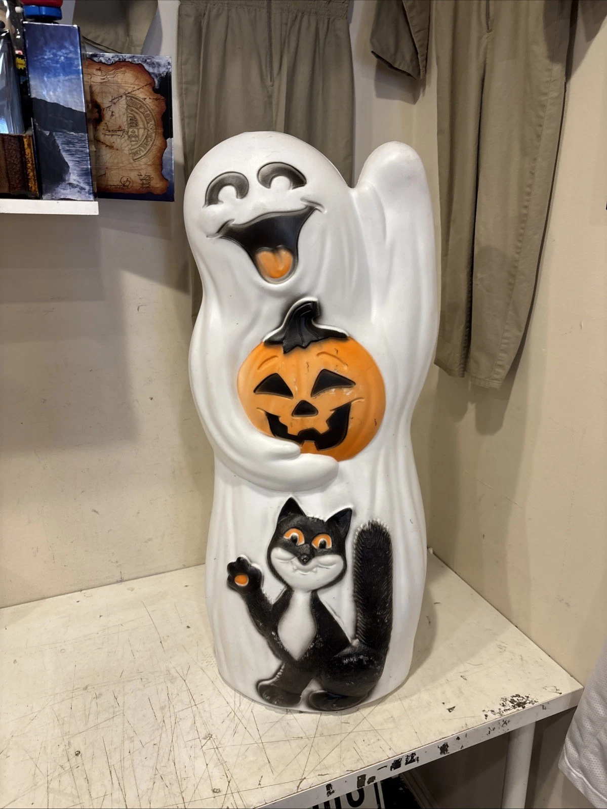 Vintage Blow Mold Light Up Ghost With Pumpkin And Black Cat