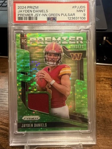 2024 Panini Prizm Rookie Gear Jayden Daniels Jersey Neon Green Pulsar RC - PSA 9