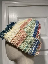 Handmade Crochet Chunky Ribbed Upcycled Multi Fiber Scrappy Yarn Beanie Hat