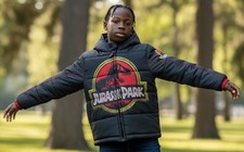 Jurassic Park Puffer Jacket Boys Size 4 Black Red Hooded Dino Coat