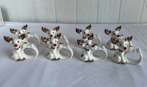 Vintage Fitz & Floyd Christmas Reindeer Napkin Ring Set Of 8 - Picture 2 of 20