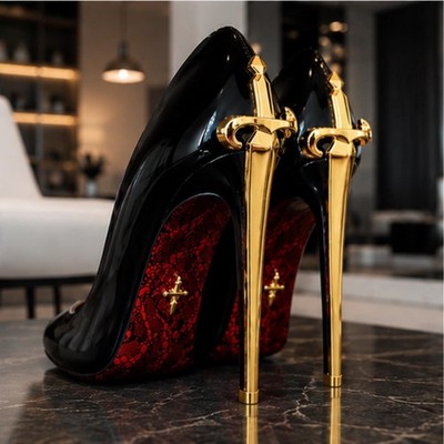 Black Stiletto Heels Women Red Sole Court Shoes Gold Heel Party Pumps