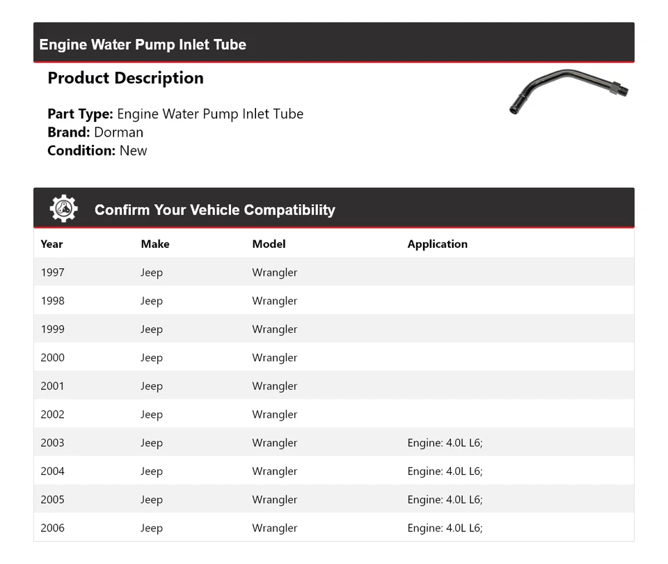 Tubo de entrada de bomba de agua para motor Jeep Wrangler Dorman 1997-2006 1998 1999 2000 Foto 2 de 4