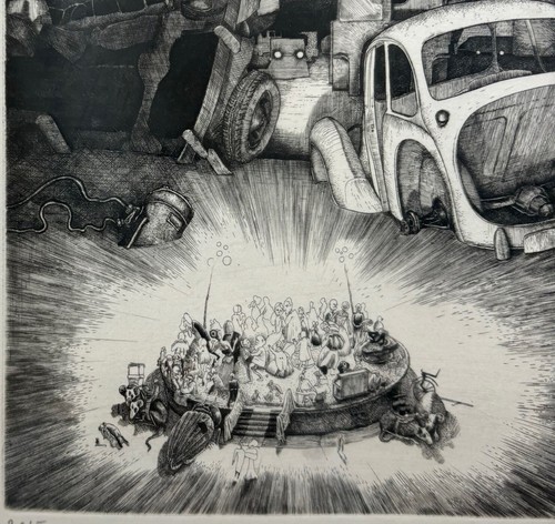 Incisione surreale firmata originale 1967 PHILIPPE MOHLITZ ""Bal de Nuit (NIGHT BALL) - Foto 9 di 13