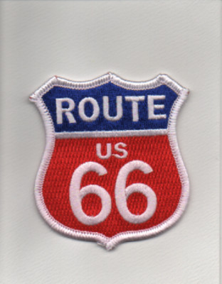 PATCH '' Route 66 '' Embroidered Shield Patch Emblem / Red, White, & Blue