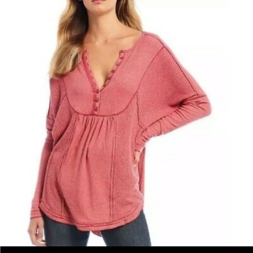 Free People Women's XS Leo Oversized Henley Top Waffle Knit Thermal - 第 1/9 張圖片