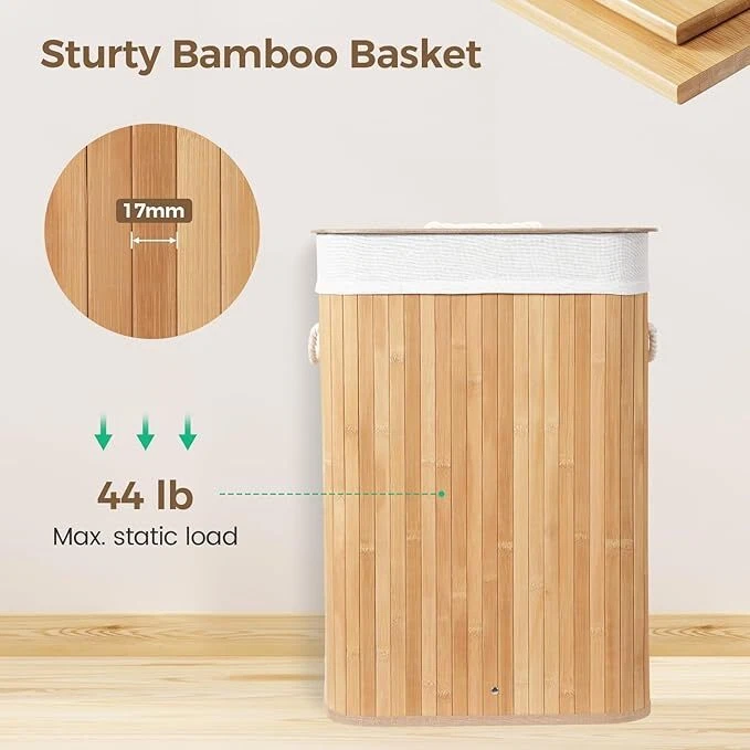 Cesta de Lavandería de Bambú con Tapa Cesta de Lavandería con Forro Extraíble 72L Natural Foto 3 de 4