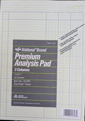 Avery National Brand Premium Analysis Pad 3 Col 50 Sheets 11x8.5'' 45-303