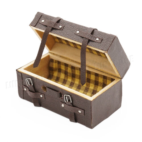 1:12 Miniaturowa drewniana skórzana walizka skrzynia skarbów meble do domku dla lalek prezent - Zdjęcie 1 z 10