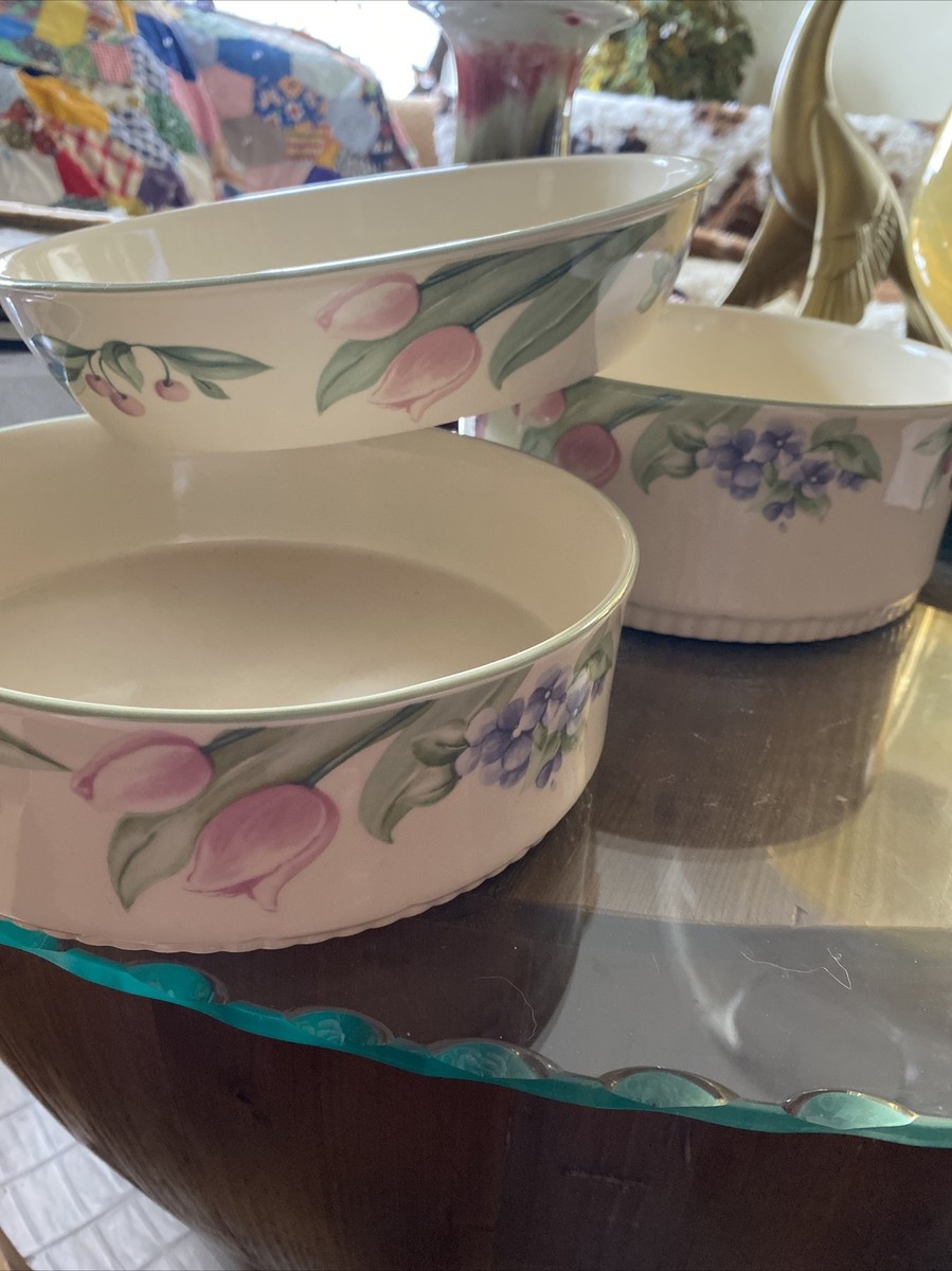 Pfaltzgraff Garden Party SET OF baking dishes aervinf bowls cherry tulip  MINT