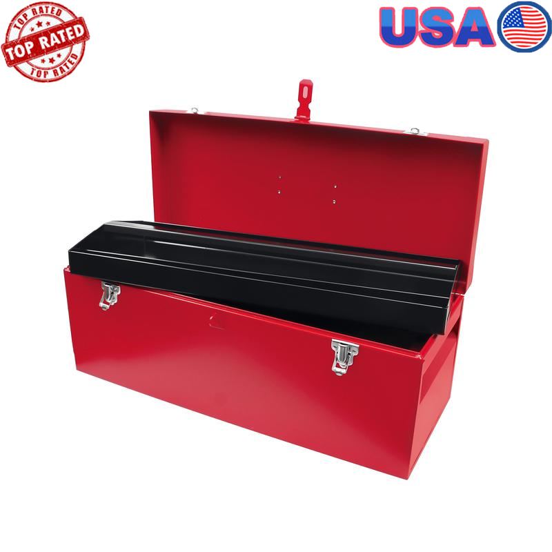 Metal Tool Box 25in Durable Steel Construction W/ Metallic Tray
