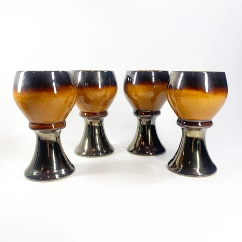 1970's Lustre Glazed Pottery Goblets Retro Brown and Orange wine goblet
