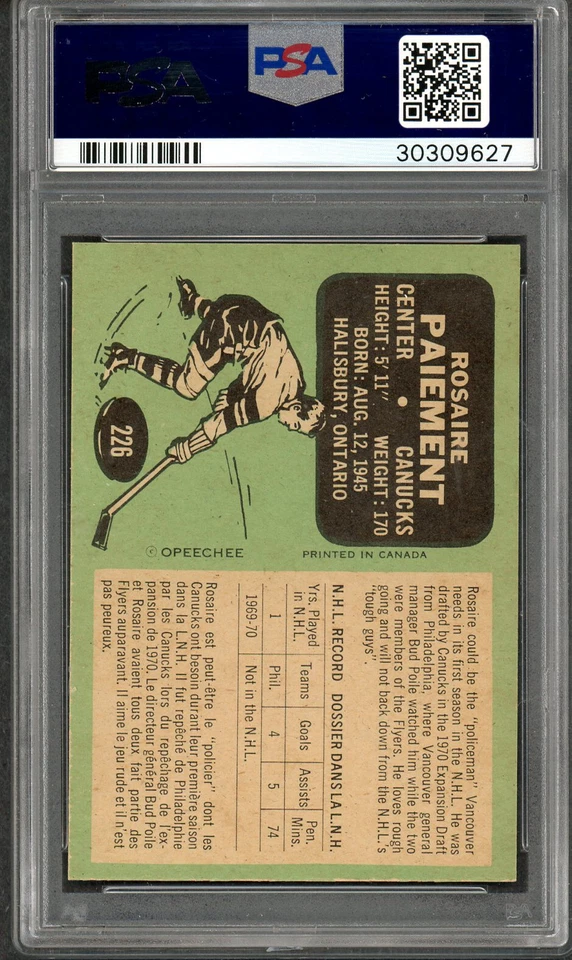 1970-71 OPC O PEE CHEE #226 Rosaire Paiement Rookie PSA 8 NM-MT Canucks 1st Year - Image 2 of 2