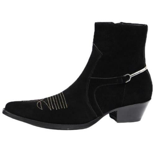 New Mens Pointy Toe Biker Business Cowboy Real Leather Chelsea Ankle