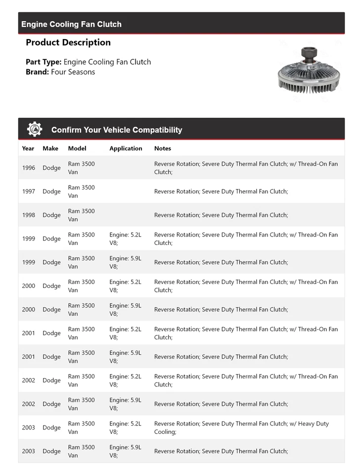 For 1996-2003 Dodge Ram 3500 Van Engine Cooling Fan Clutch 4 Seasons 1997 1998 - Image 2 of 4