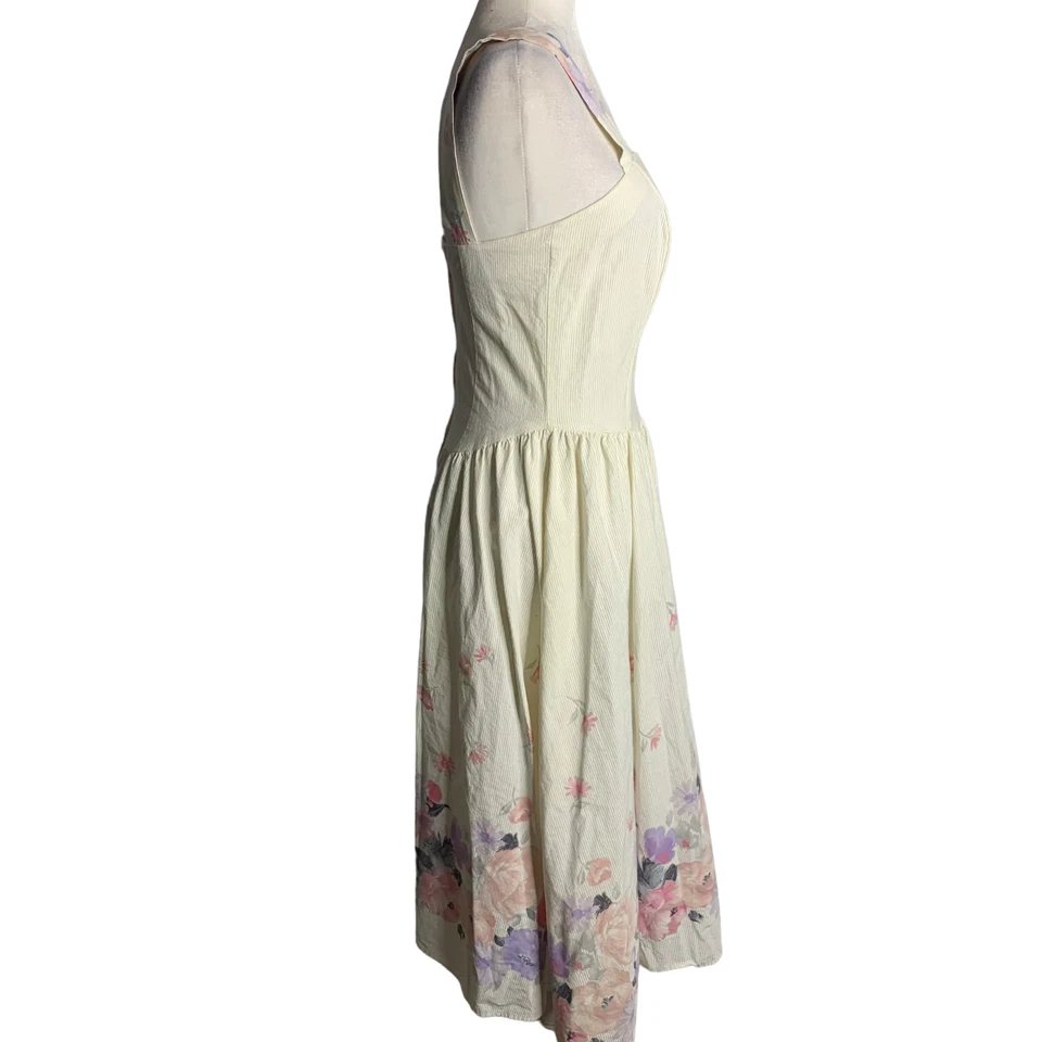 Vestido Columpio Vintage Años 80 Floral Rayas S Blanco Sin Mangas Deshuesado Cottage Core Foto 4 de 4