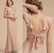 BHLDN Maxi Dress Womens Small Diana Nude Ruffle Flutter Sleeve Open Back Formal