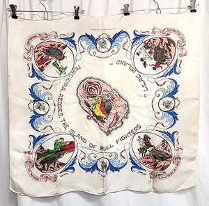 Vintage Azores Island Portugal Souvenir Printed Scarf 29"x 32" Satin Bull Fight