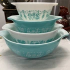 Pyrex Butterprint Cinderella Turquoise White Glass Mixing Bowl Set 4 Nesting