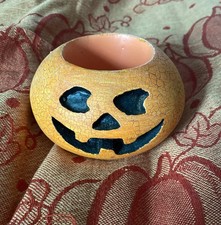 Vintage Halloween Crackle Pumpkin Jack O Lantern Votive Tealight Candle Holder