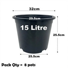 15 Litre Black Plant Pots Plastic Round Flower Pot  L LT High Quality Qty = 8
