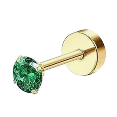 Green Round Cubic Zirconia Gold Tone Flat Back Stud Earring Single Stacker