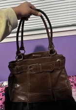 Brown Shoulder Bag Buckle Accent Zipper Silver Hardware Double Handles Women