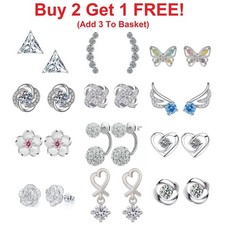 925 Sterling Silver Stud Earrings Studs Cubic Zirconia Women Men CZ Round Gift