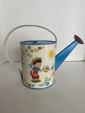 Vintage Ohio Art Child's Tin Watering Can, Boy  Girl Watering Flowers