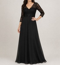 JJS House Black Lace Chiffon Maxi Dress 3/4 Sleeve Beaded Waist Formal Size 6/8