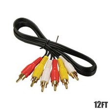 12FT 3-RCA Male to Male M/M Yellow Video White/Red Audio Cable Gold Plated