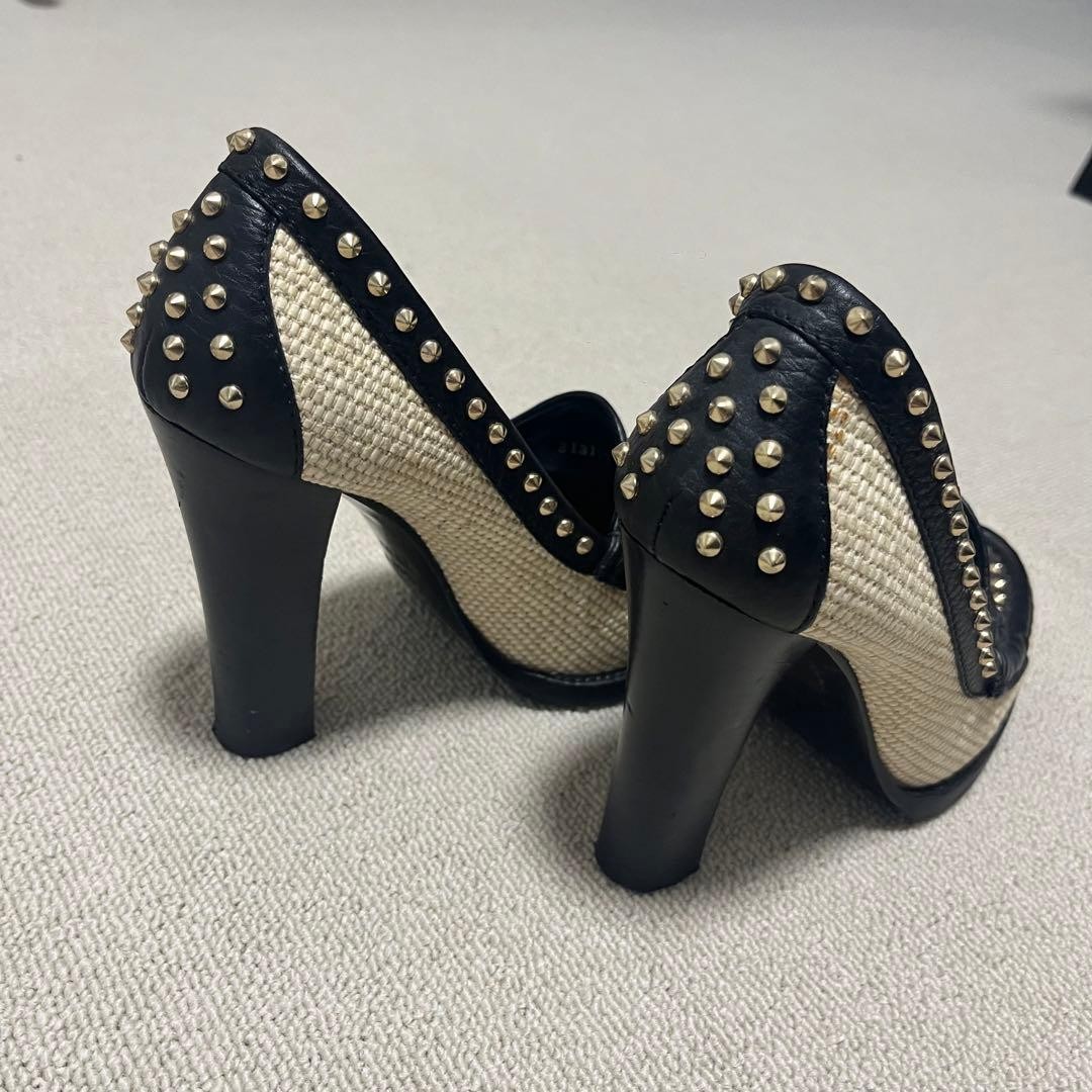 Auth Gucci Studded Pumps Leather Black Beige Logo Heel EU36.5 US6.5 UK3.5 thumbnail 18