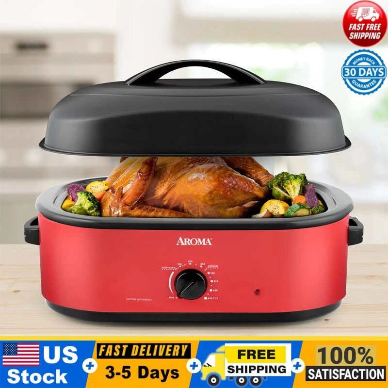 18Qt. Roaster Oven W/ High-Dome Lid for Turkey Slow Cook Red Thanksgiving Feast