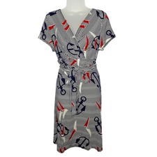 Talbots Nautical Stretch Jersey Dress Large Striped Anchors Short Sleeve Preppy