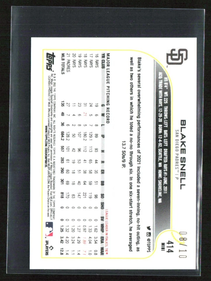 Blake Snell 2022 Topps Mini Blue /10 #414 San Diego Padres - Image 2 of 2