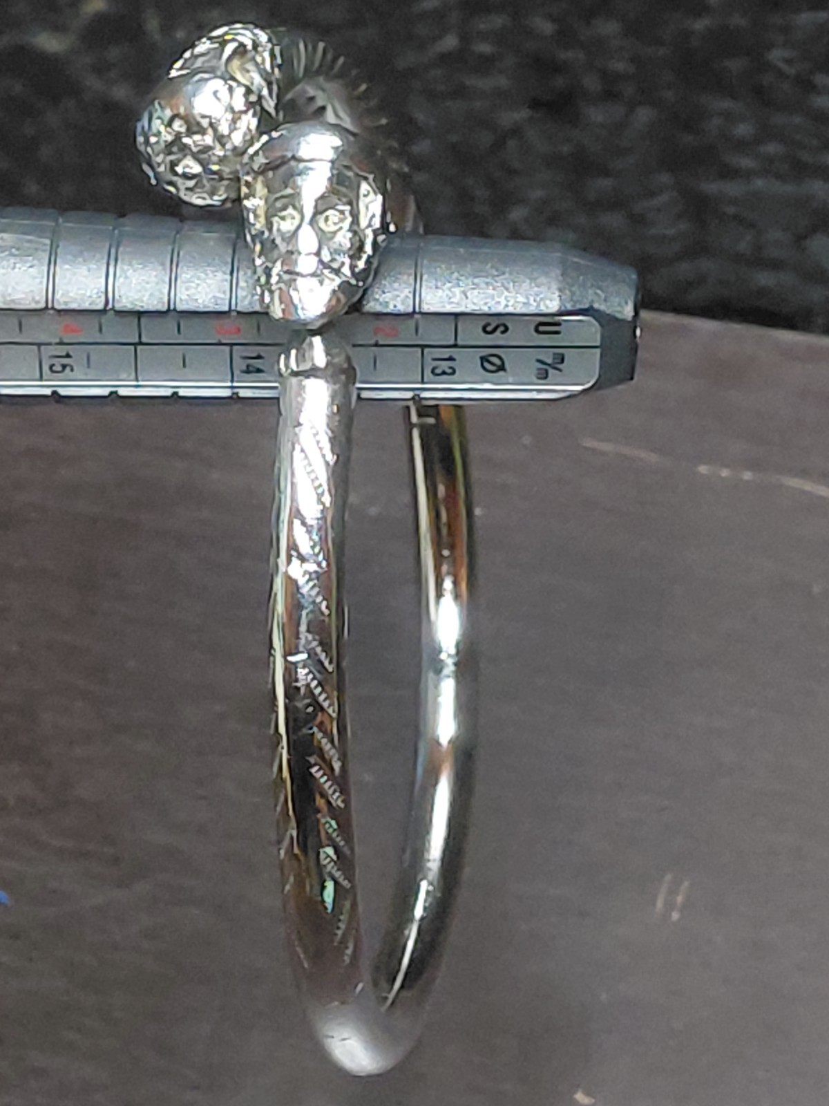 Solid Sterling Silver Thick Etched Bangle with Be… - image 1