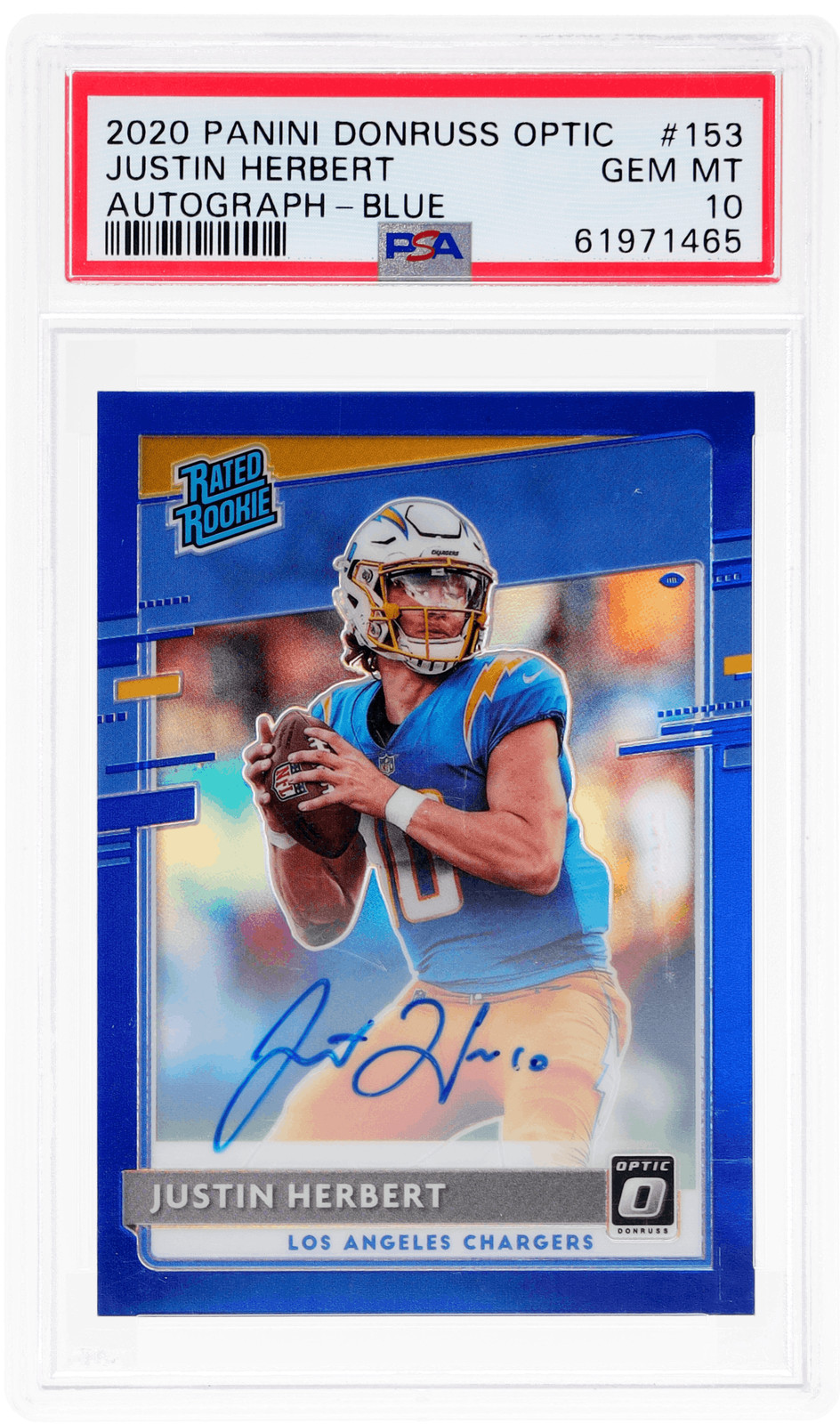 2020 Donruss Optic Justin Herbert Rated Rookie Auto Blue #153 /75 PSA 10 RC