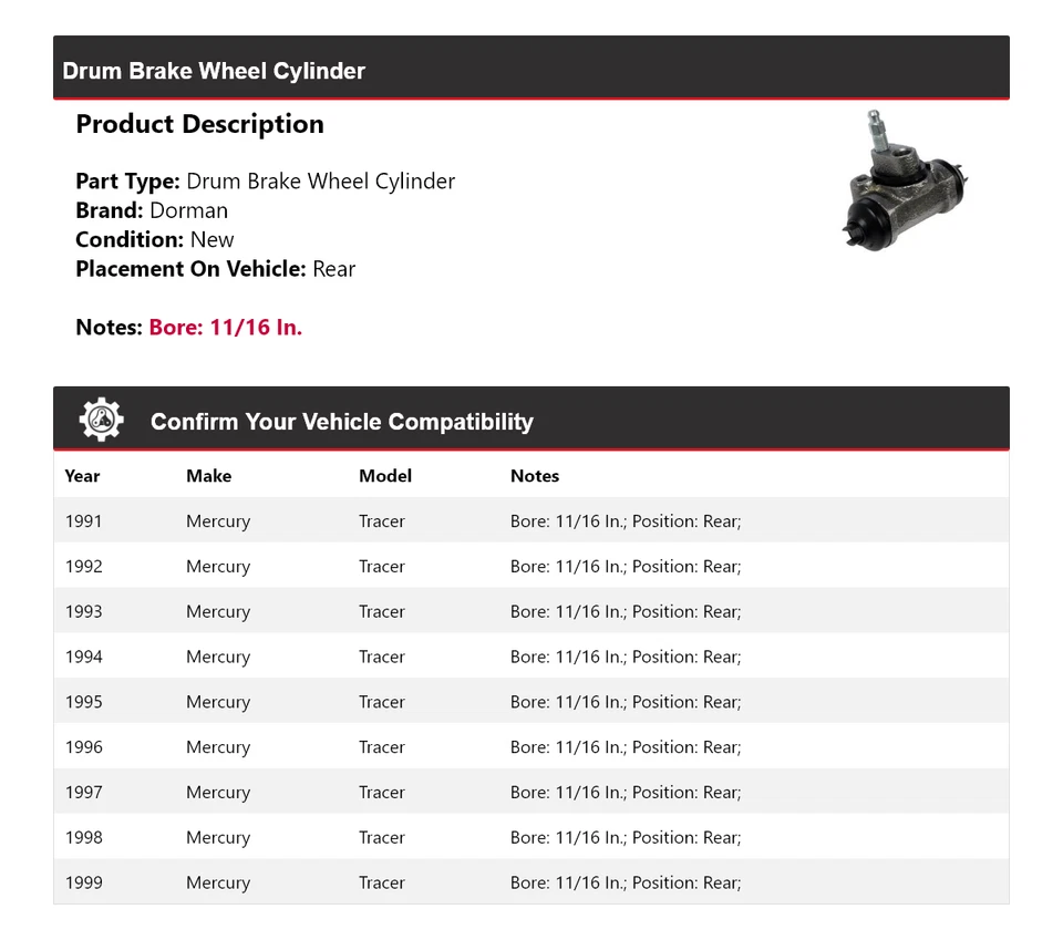 Cilindro trasero de rueda de freno de tambor Mercury Tracer Dorman 1991-1999 1992 1993 Foto 2 de 3